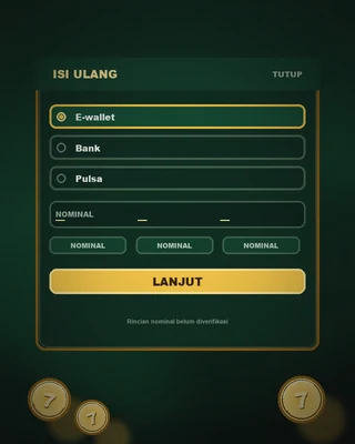 Panel isi ulang rr999: pilihan E-wallet, Bank, dan Pulsa, kolom nominal tanpa angka, dan tombol Lanjut emas.