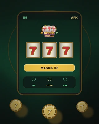 Ponsel menampilkan antarmuka H5 rr999: logo resmi rr999, tiga reel 7, tombol Masuk H5 emas, dan dock H5/Login/APK.
